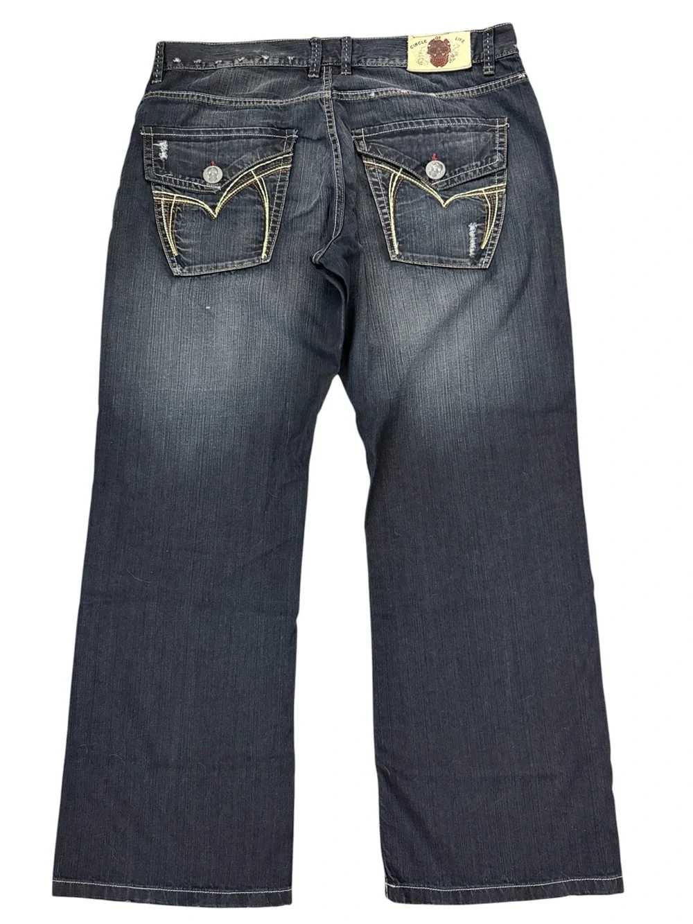 Y2K Circle Of Life Surf Crazy Skull Flap Pocket Jeans 38x31 Distressed Blue